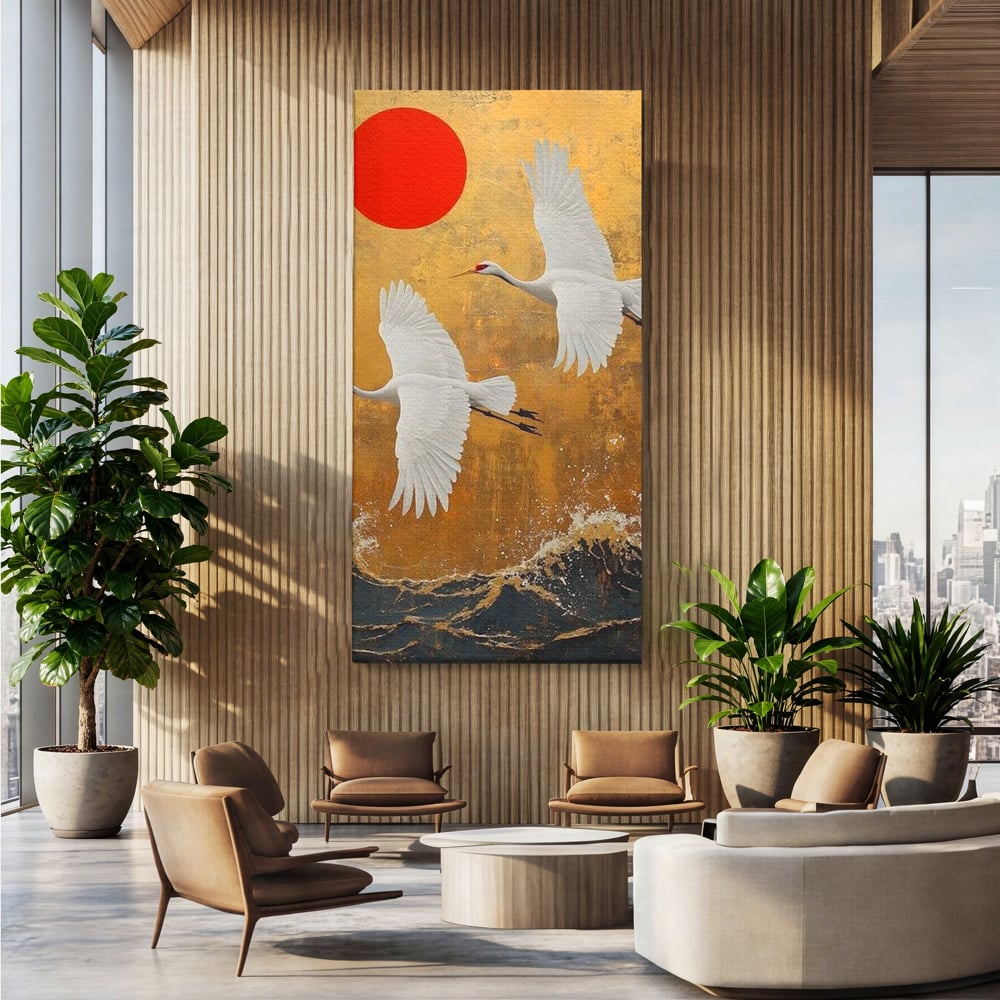 Tablou canvas cu tablou canvas cu doi cocori, fara rama, pe sasiu de lemn, pe perete intr-un birou